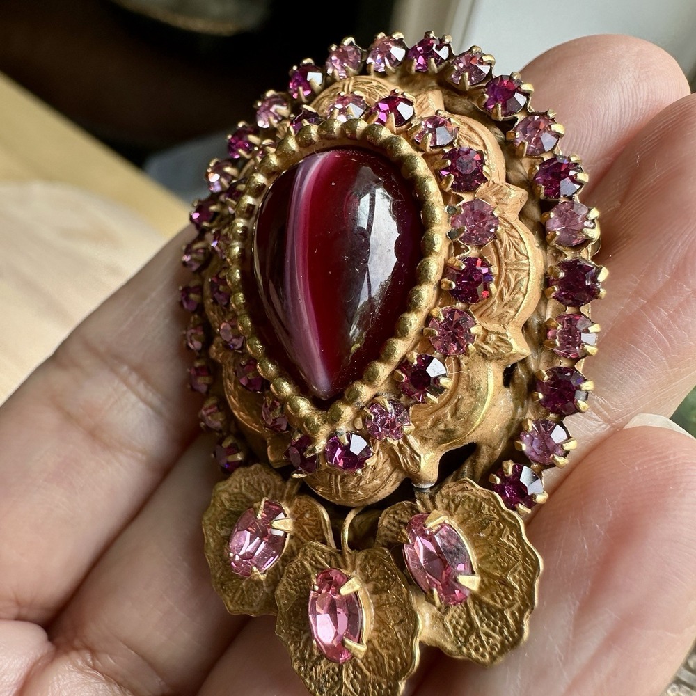 VTG Original By Robert Pendant Brooch 2 Inch Cat Eye Glass Cab Purple Rhinestone - Picture 5 of 13